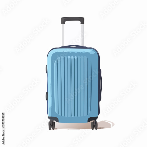 3D Blue wheeled suitcase for travel. Cabin luggage. Plastic bag for flight. Journey concept. Time to tourism and vacation.