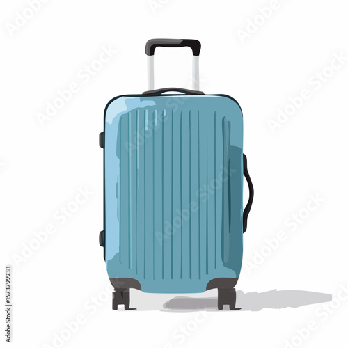 3D Blue wheeled suitcase for travel. Cabin luggage. Plastic bag for flight. Journey concept. Time to tourism and vacation.