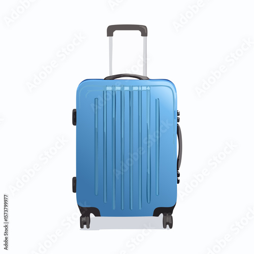 3D Blue wheeled suitcase for travel. Cabin luggage. Plastic bag for flight. Journey concept. Time to tourism and vacation.