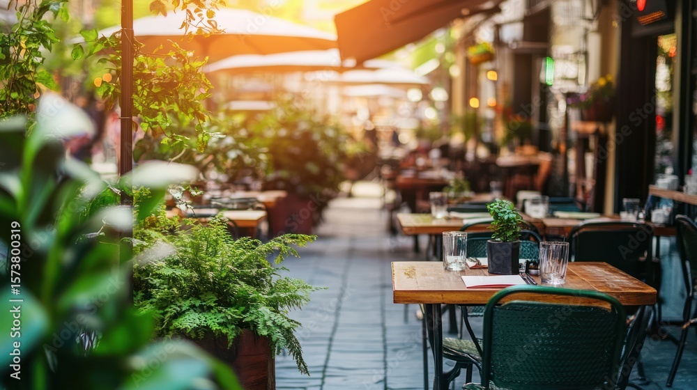 Naklejka premium Charming outdoor restaurant with inviting ambiance and natural green decor