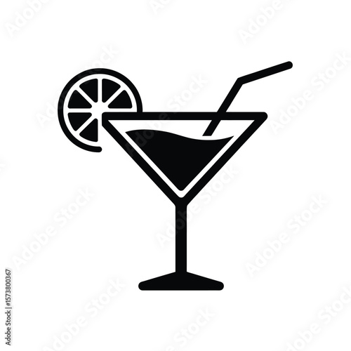 Black and white icon of a martini glass with a lemon slice and straw