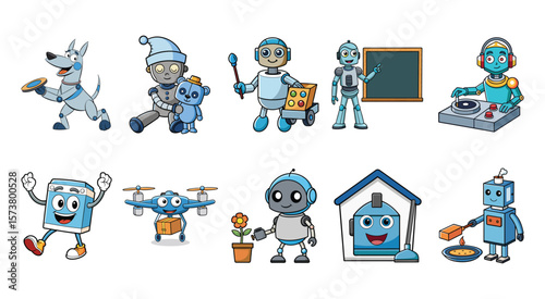 Cartoon robots and dog with various activities illustration