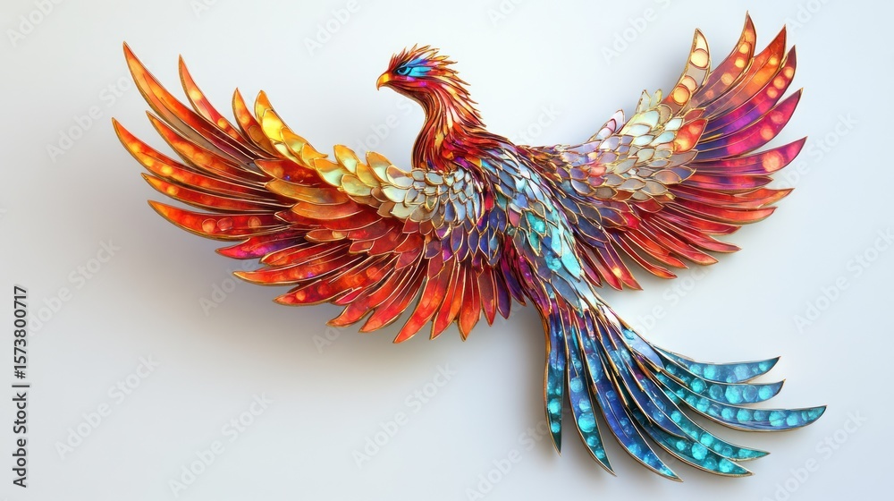 Obraz premium Colorful Phoenix Soaring, White Background, Fantasy Art, Design Element