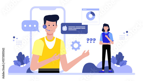 Customer support escalating technical issue to IT flat vector illustration