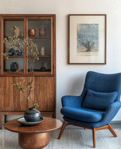 Wooden cabinet and a mock-up poster frame on a white wall, positioned near a blue armchair, enhancing the modern living room's aesthetic, Generative AI
