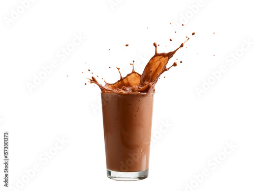Chocolate protein shake in clear glass against white background  