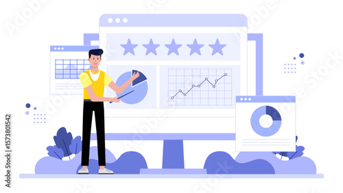 Customer success team conducting NPS survey flat vector illustration