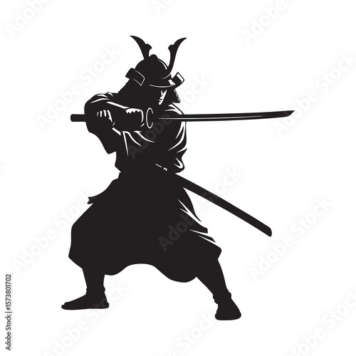 Silhouette of a samurai holding his sword on a white background