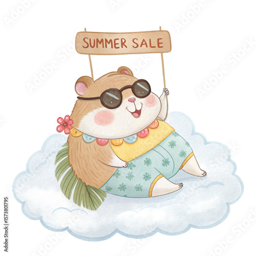 Cute Animal in Hawaiian Outfit on a Cloud  Sunglasses Summer Sale 