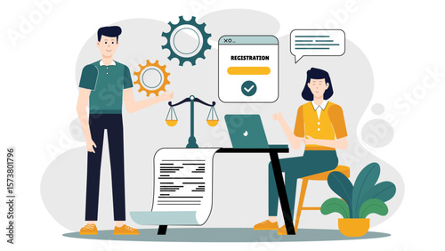 Legal advisor guiding business registration flat vector illustration