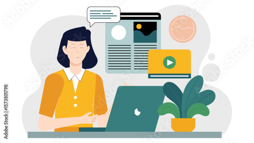 Content writer optimizing blog post for SEO flat vector illustration