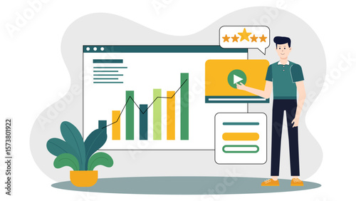 Business owner reviewing social media ROI dashboard flat vector illustration