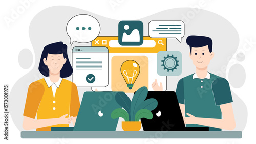 Design team finalizing brand identity guidelines flat vector illustration