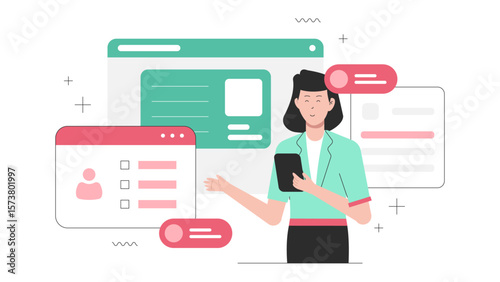 HR manager hosting orientation webinar for new hires flat vector illustration