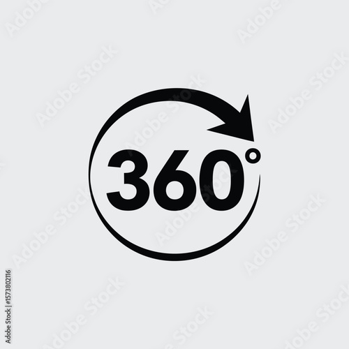 Black 360 degree view icon with circular arrow on light gray background