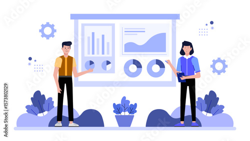Startup team preparing for investor pitch meeting, flat vector illustration