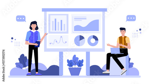 Marketing team analyzing campaign ROI in dashboard, flat vector illustration