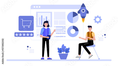 Startup team discussing go-to-market strategy, flat vector illustration