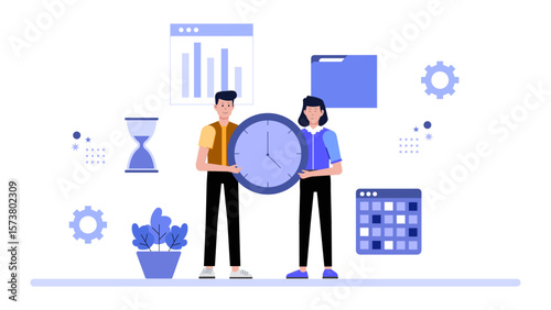 Employees updating project milestones in real time, flat vector illustration