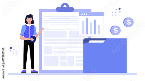 CEO writing annual company vision statement, flat vector illustration
