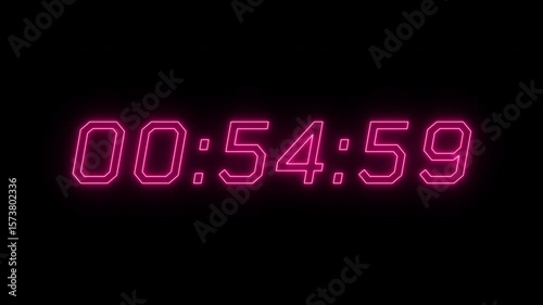 1 minute countdown timer neon on black background. Digital Countdown video 60 seconds countdown neon. 4k