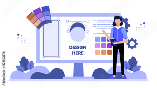 Product designer refining high-fidelity mockups, flat vector illustration