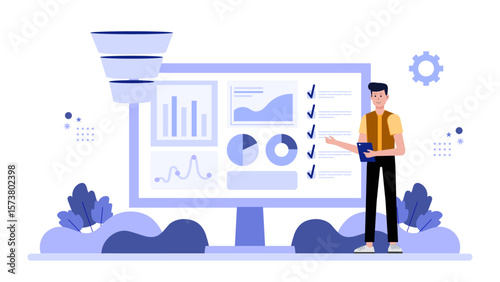 Business owner monitoring conversion funnel metrics, flat vector illustration
