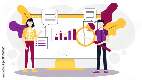 Marketing team analyzing campaign ROI in dashboard, flat vector illustration