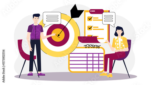 Sales manager leading weekly target review meeting, flat vector illustration