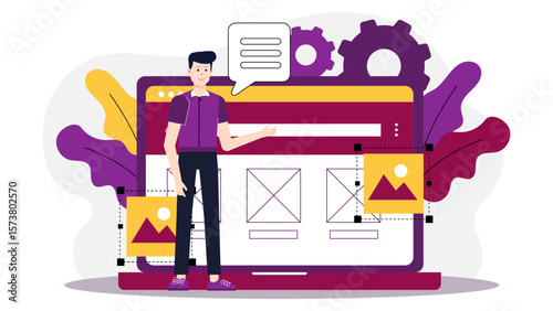 UX Designer Creating Low-Fidelity Wireframes, flat vector illustration