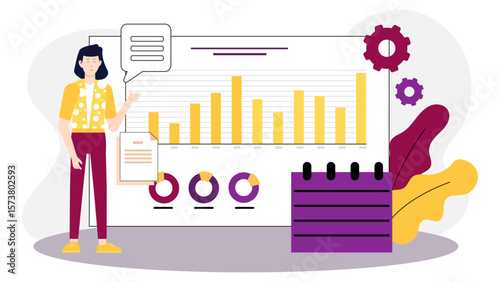 Business analyst preparing competitive market report, flat vector illustration
