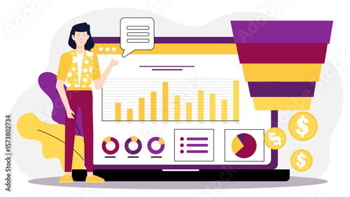 Business owner monitoring conversion funnel metrics, flat vector illustration