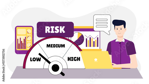 Project manager creating risk assessment plan, flat vector illustration