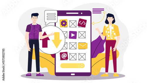 Design team updating icon set for app redesign, flat vector illustration