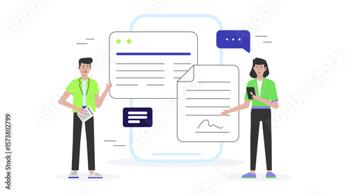 Freelancer sending contract for digital signature, flat vector illustration