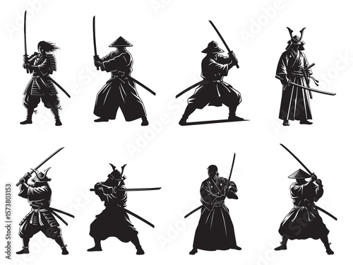 Set of Silhouette of a samurai holding his sword on a white background