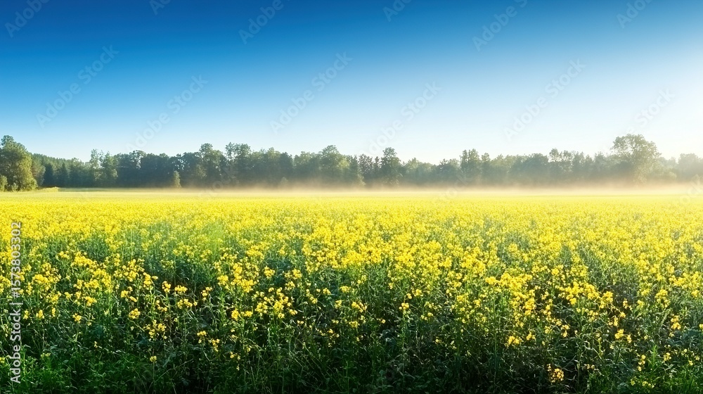 Obraz premium Vast field of yellow flowers under a clear blue sky.