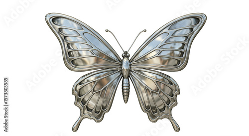 Isolated 3D Rendering Silver Butterfly Metallic Insect on Transparent Background