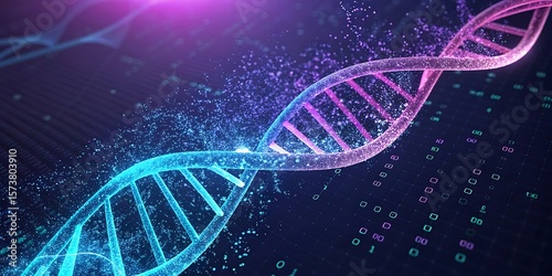 Abstract Glowing DNA Strand with Digital Data Background