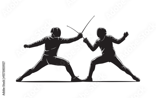 Silhouette of a fencing athlete competing against a white background