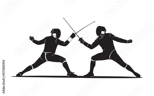 Silhouette of a fencing athlete competing against a white background