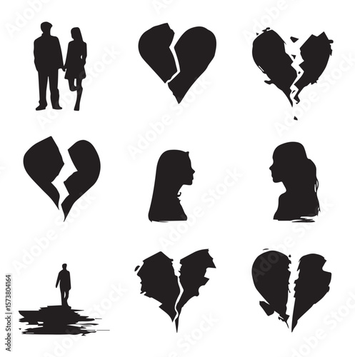 broken heart silhouette set, Black & White silhouette set