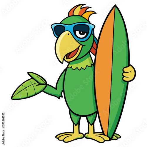 Green parrot wearing sunglasses holding surfboard bird