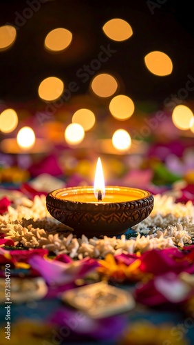 A single lit candle, nestled in a small, decorative bowl, surrounded by flower petals and  blurred lights