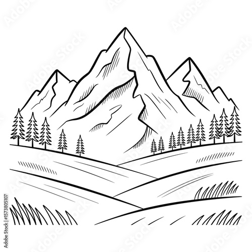 Stylized mountain range with pine trees and rolling hills silhouette