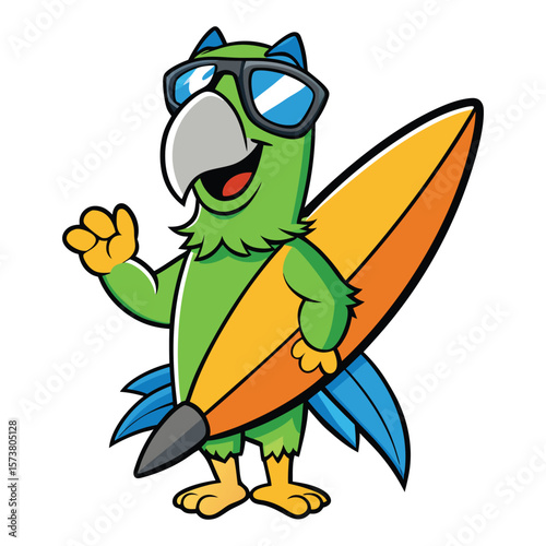 Green parrot wearing sunglasses holding a surfboard