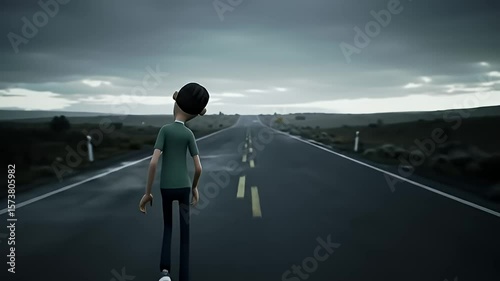 Boy walks on a long straight road into the distance on a cloudy, overcast day