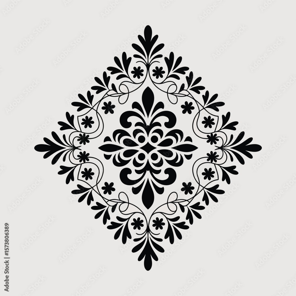 Fototapeta premium Elegant black damask floral ornament in a diamond shape on light gray background