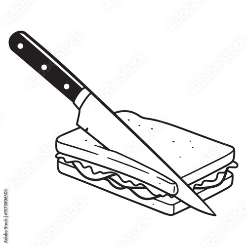A black and white illustration of a knife slicing through a delicious sandwich
