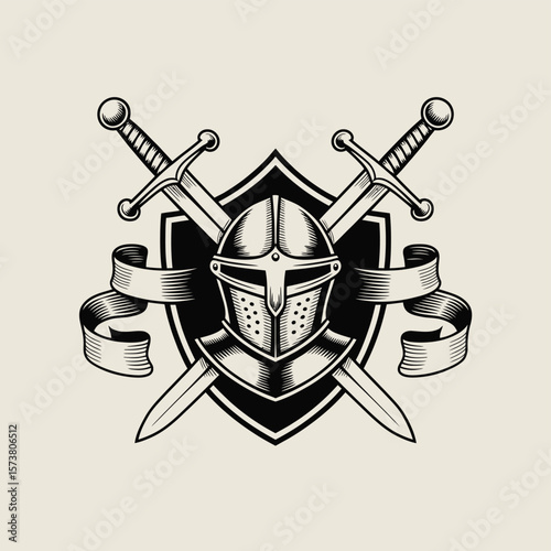 Medieval knight helmet with crossed swords and banner emblem